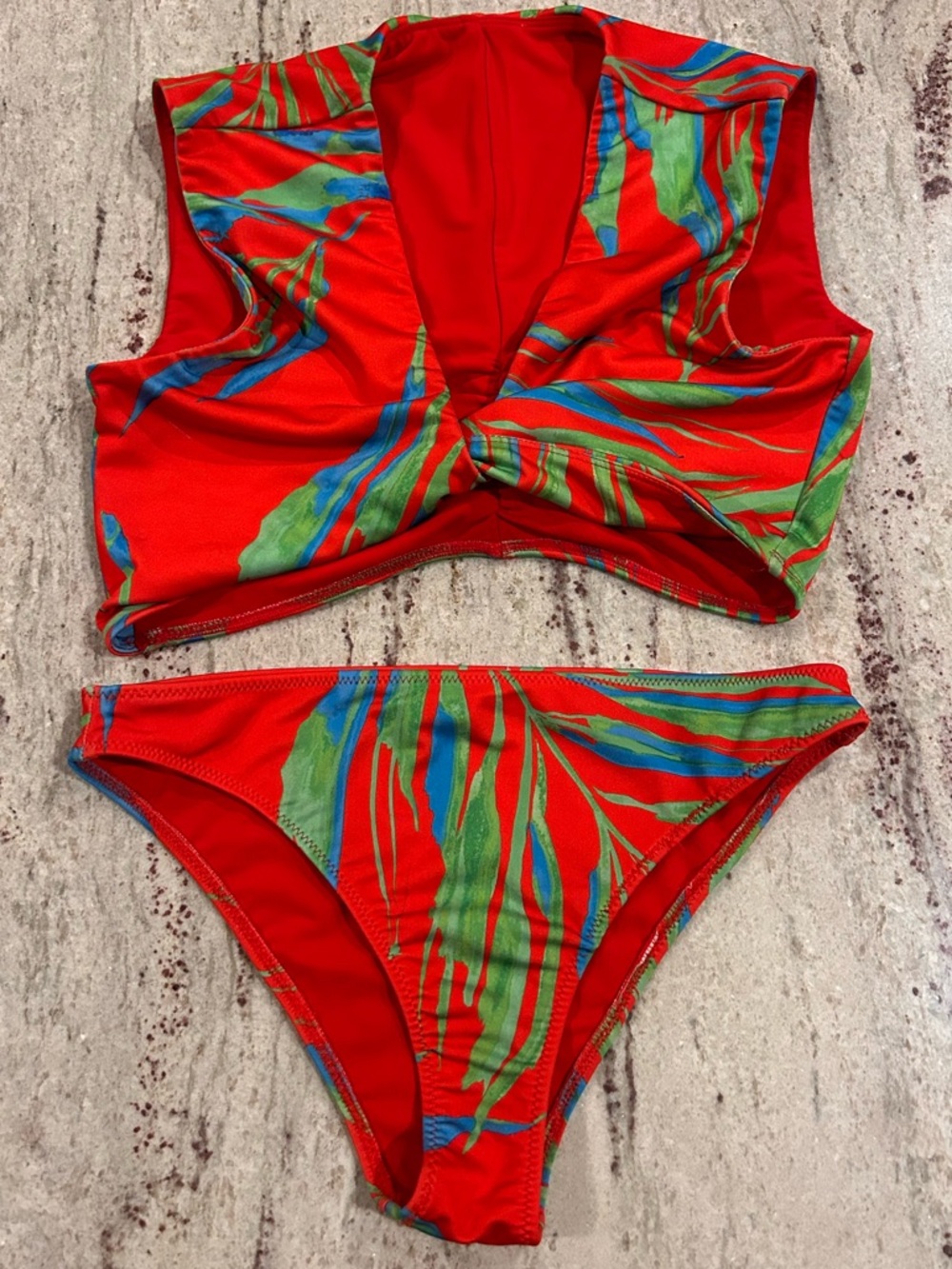Ramy Brook Red Tropical Swim Bottoms with Green Leaf Accents